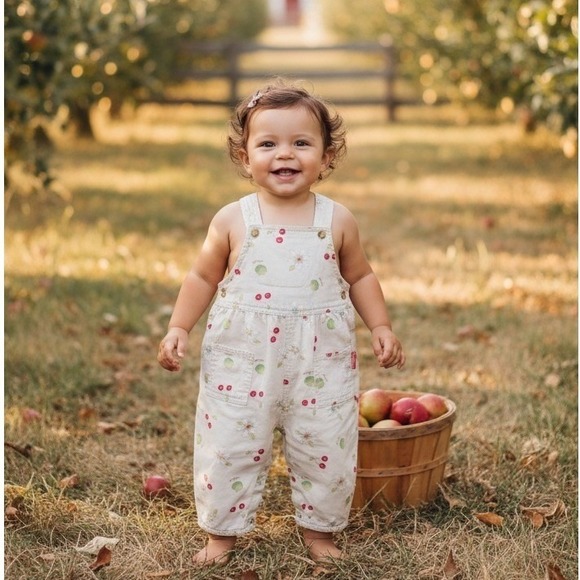Vintage 90's OshKosh Apple Orchard Cherry Daisy Baby Overalls 6-9 Months RARE - Picture 1 of 16